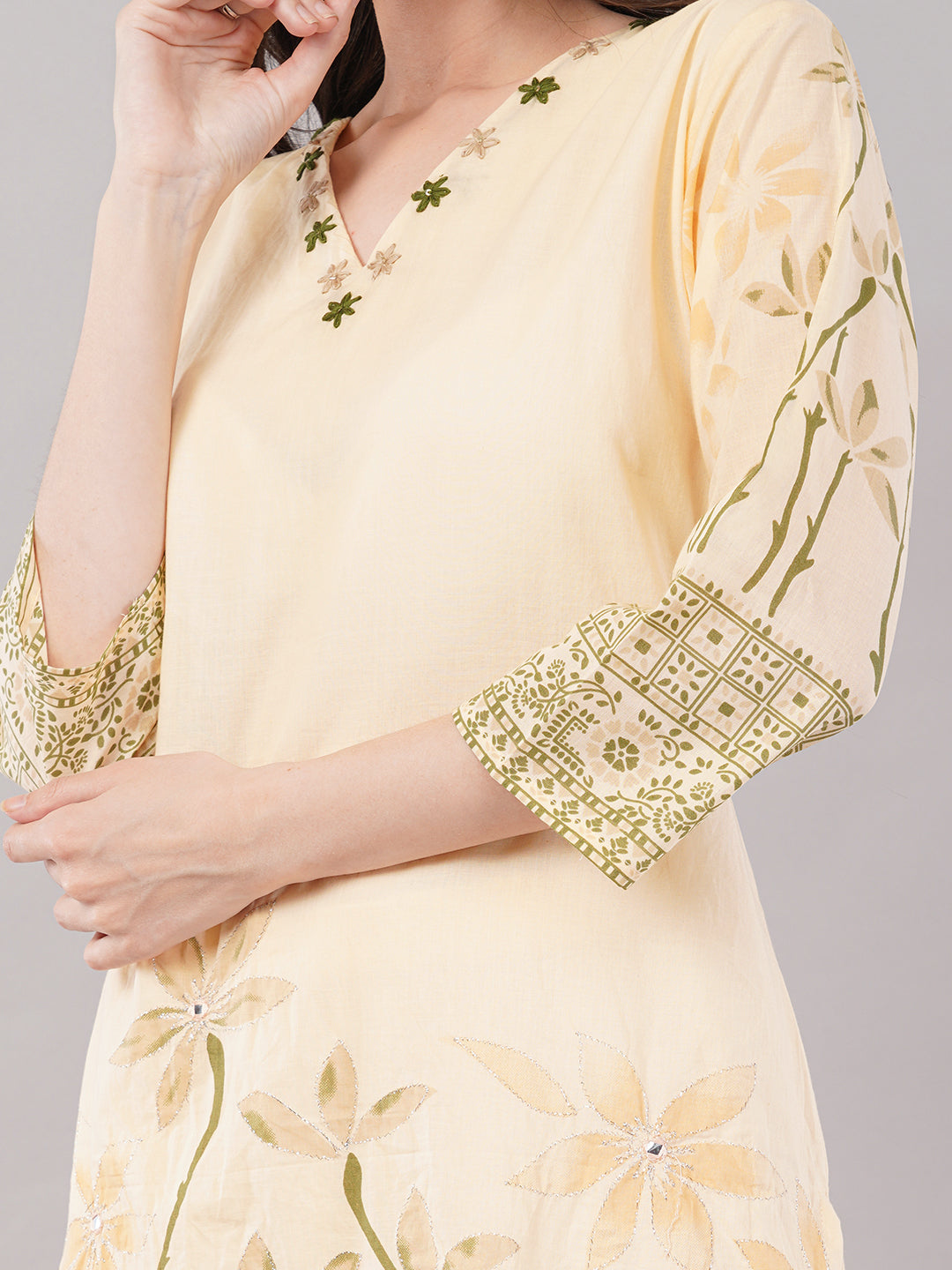 Lemon Floral Embroidered Kurta Set with Straight Pants &amp; Dupatta