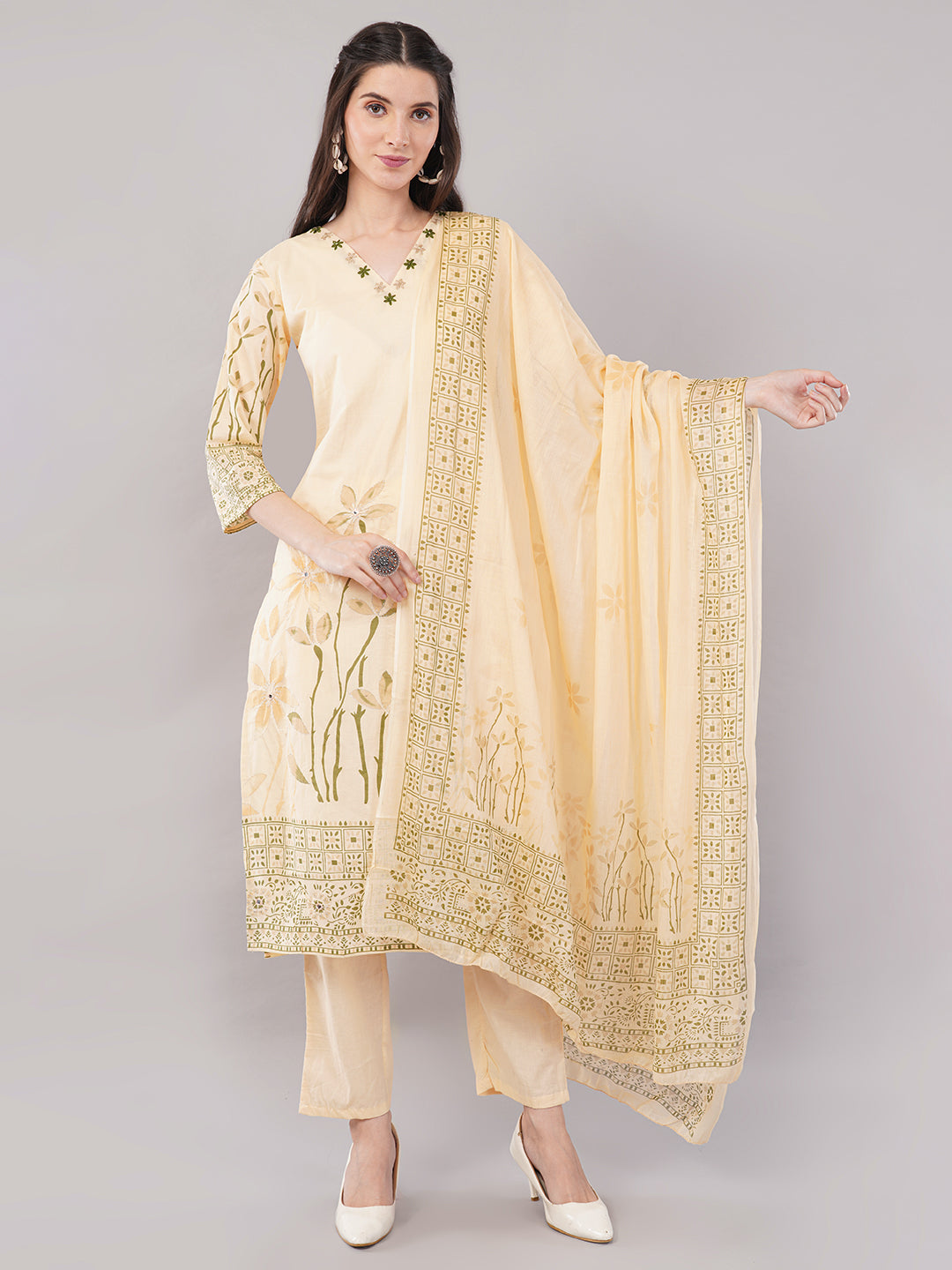 Lemon Floral Embroidered Kurta Set with Straight Pants &amp; Dupatta
