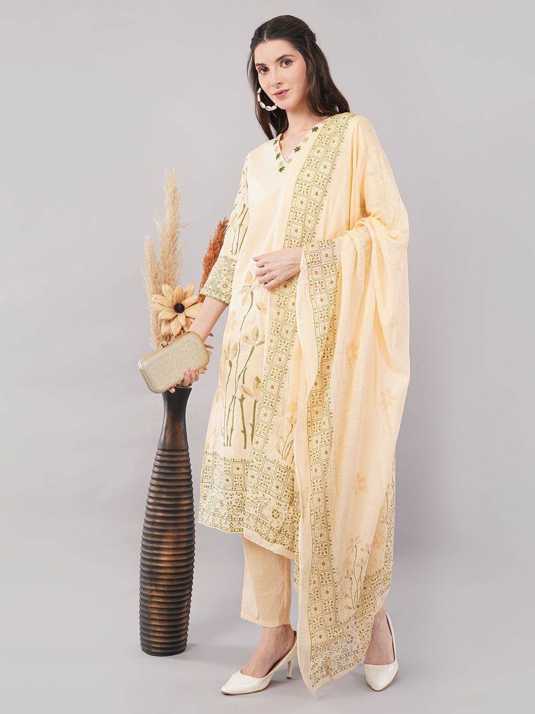 Lemon Floral Embroidered Kurta Set with Straight Pants &amp; Dupatta