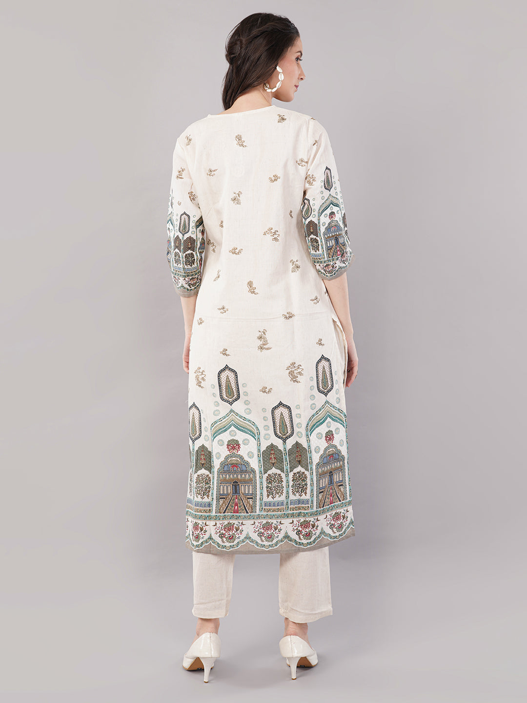 Women’s Beige &amp; Multicolor Printed Straight Kurta Set with Dupatta – Ethnic Wear, pure Cotton , 3/4th Sleeves”