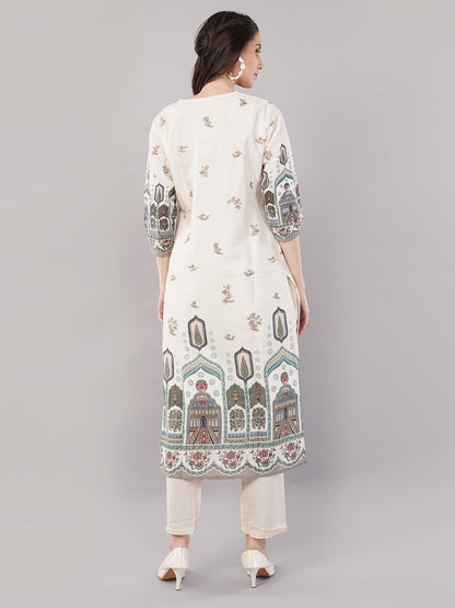 Women’s Beige &amp; Multicolor Printed Straight Kurta Set with Dupatta – Ethnic Wear, pure Cotton , 3/4th Sleeves”