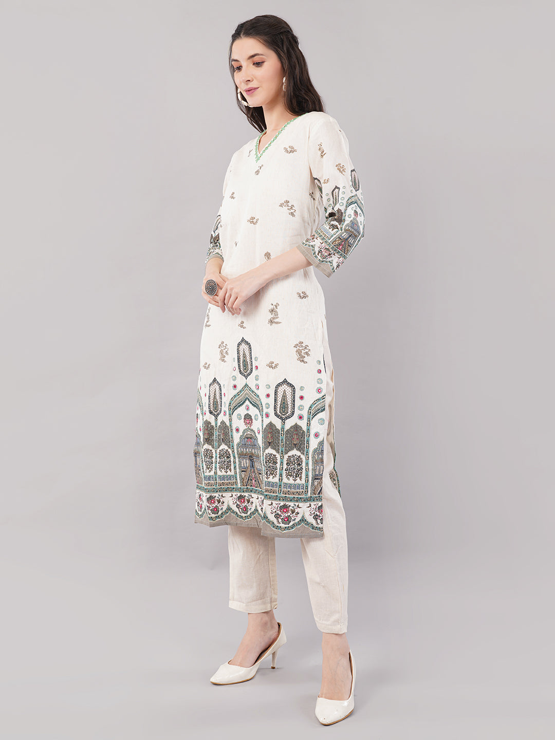 Women’s Beige &amp; Multicolor Printed Straight Kurta Set with Dupatta – Ethnic Wear, pure Cotton , 3/4th Sleeves”
