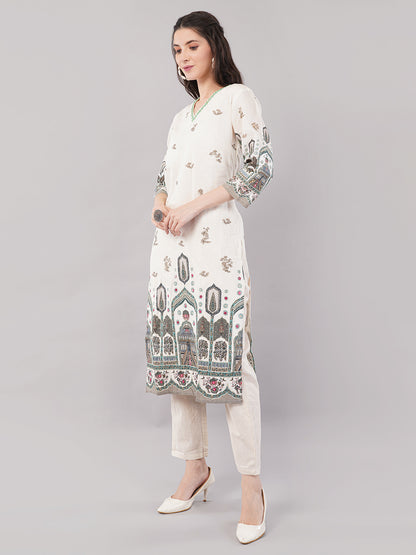 Women’s Beige &amp; Multicolor Printed Straight Kurta Set with Dupatta – Ethnic Wear, pure Cotton , 3/4th Sleeves”