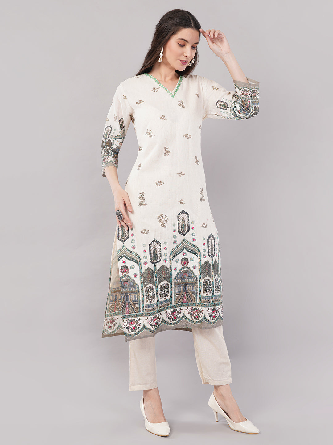 Women’s Beige &amp; Multicolor Printed Straight Kurta Set with Dupatta – Ethnic Wear, pure Cotton , 3/4th Sleeves”