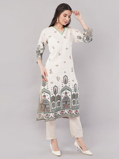 Women’s Beige &amp; Multicolor Printed Straight Kurta Set with Dupatta – Ethnic Wear, pure Cotton , 3/4th Sleeves”