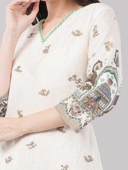 Women’s Beige &amp; Multicolor Printed Straight Kurta Set with Dupatta – Ethnic Wear, pure Cotton , 3/4th Sleeves”