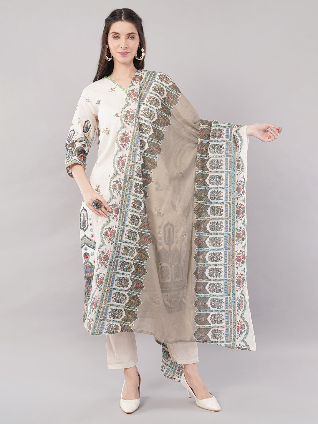 Women’s Beige &amp; Multicolor Printed Straight Kurta Set with Dupatta – Ethnic Wear, pure Cotton , 3/4th Sleeves”