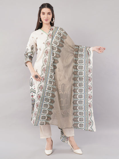 Women’s Beige &amp; Multicolor Printed Straight Kurta Set with Dupatta – Ethnic Wear, pure Cotton , 3/4th Sleeves”