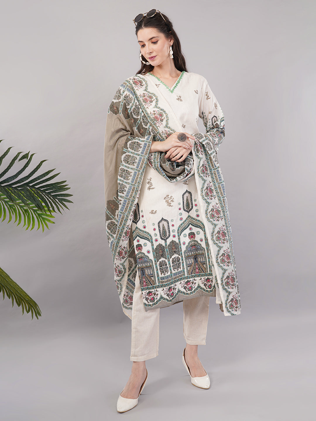 Women’s Beige &amp; Multicolor Printed Straight Kurta Set with Dupatta – Ethnic Wear, pure Cotton , 3/4th Sleeves”