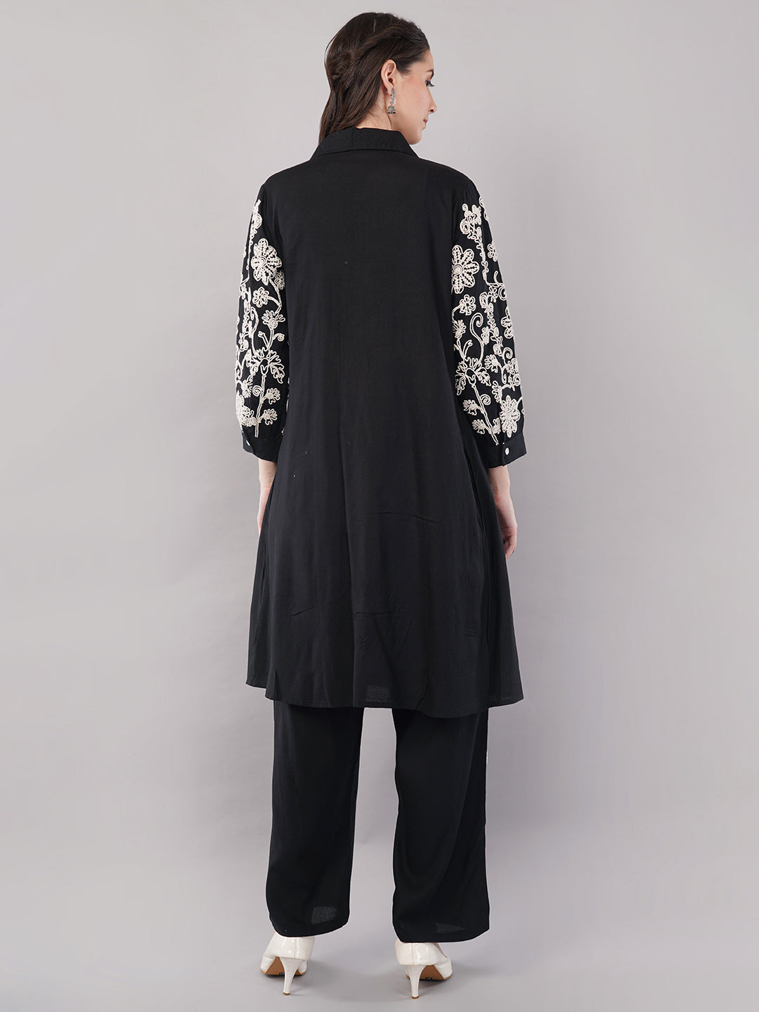 Women’s Black Embroidered A-Line Kurta Set with Pants – pure Cotton ,Full Sleeves, Collar Neck