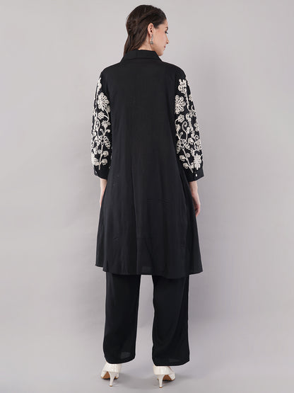 Women’s Black Embroidered A-Line Kurta Set with Pants – pure Cotton ,Full Sleeves, Collar Neck