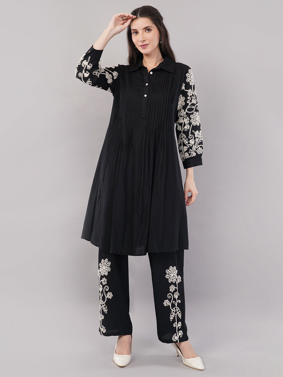 Women’s Black Embroidered A-Line Kurta Set with Pants – pure Cotton ,Full Sleeves, Collar Neck