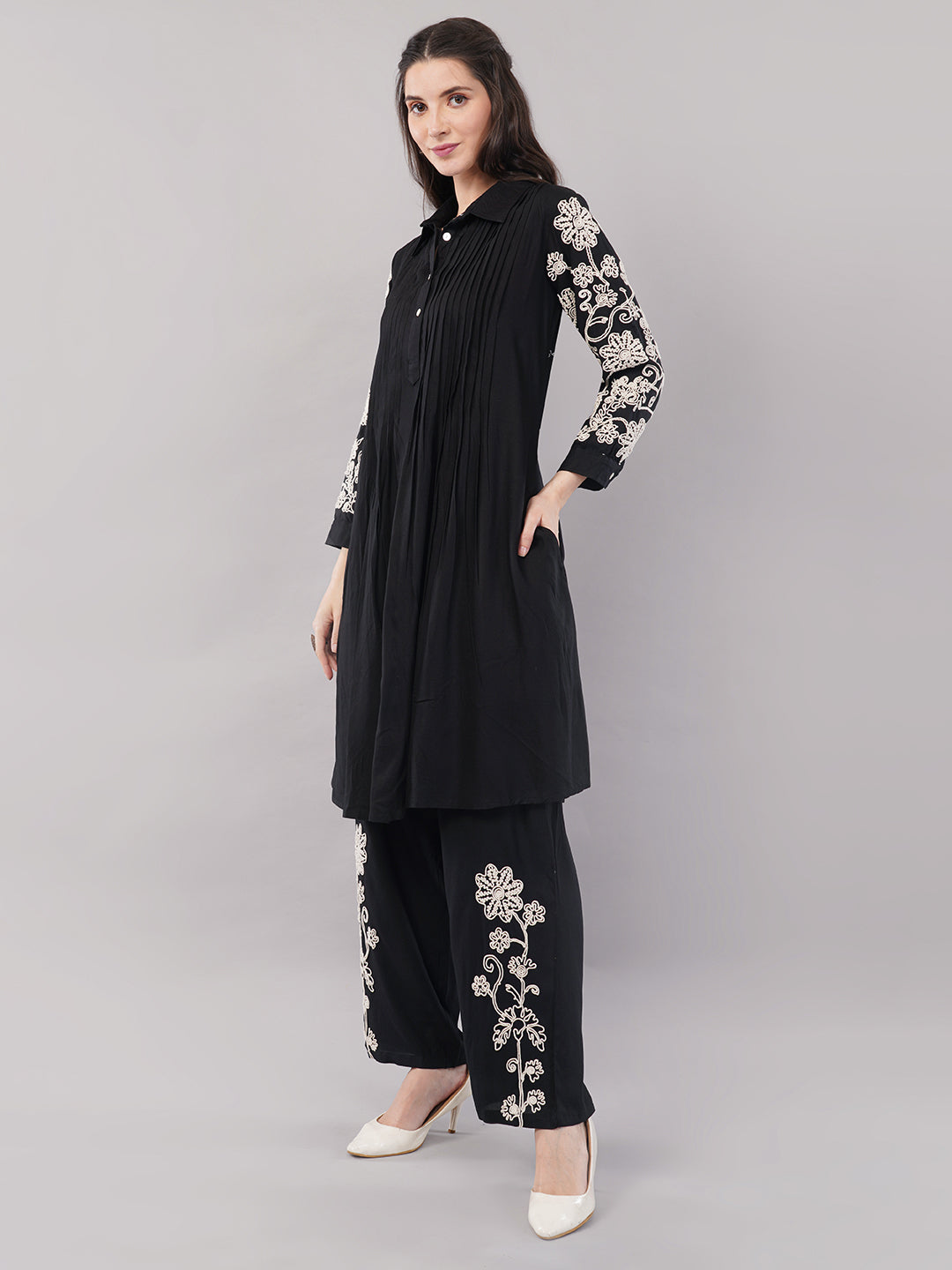 Women’s Black Embroidered A-Line Kurta Set with Pants – pure Cotton ,Full Sleeves, Collar Neck