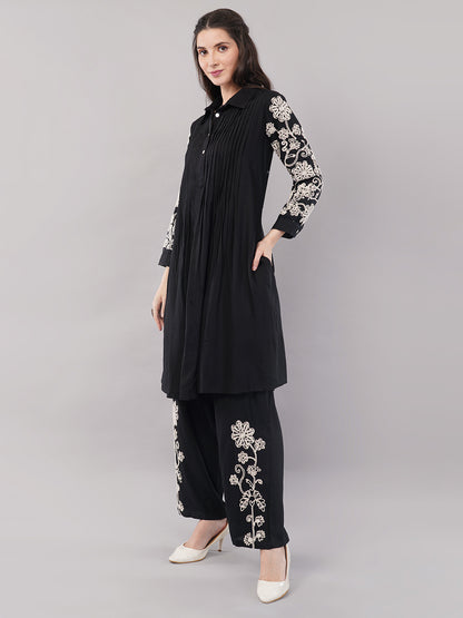 Women’s Black Embroidered A-Line Kurta Set with Pants – pure Cotton ,Full Sleeves, Collar Neck