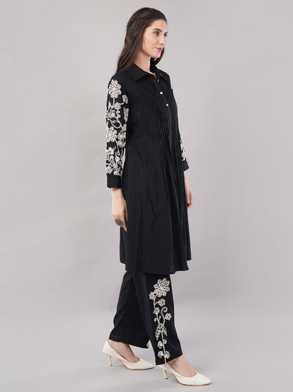 Women’s Black Embroidered A-Line Kurta Set with Pants – pure Cotton ,Full Sleeves, Collar Neck