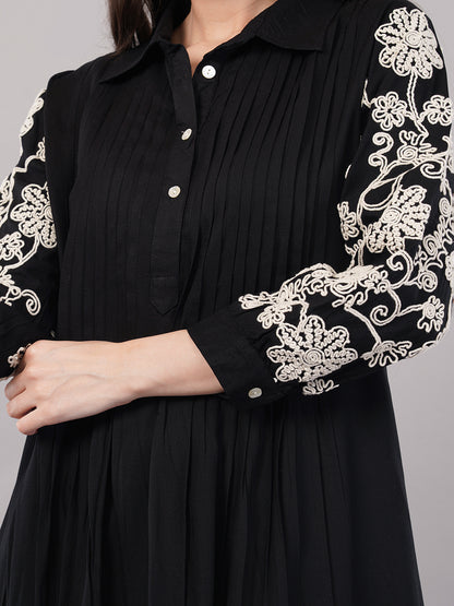 Women’s Black Embroidered A-Line Kurta Set with Pants – pure Cotton ,Full Sleeves, Collar Neck