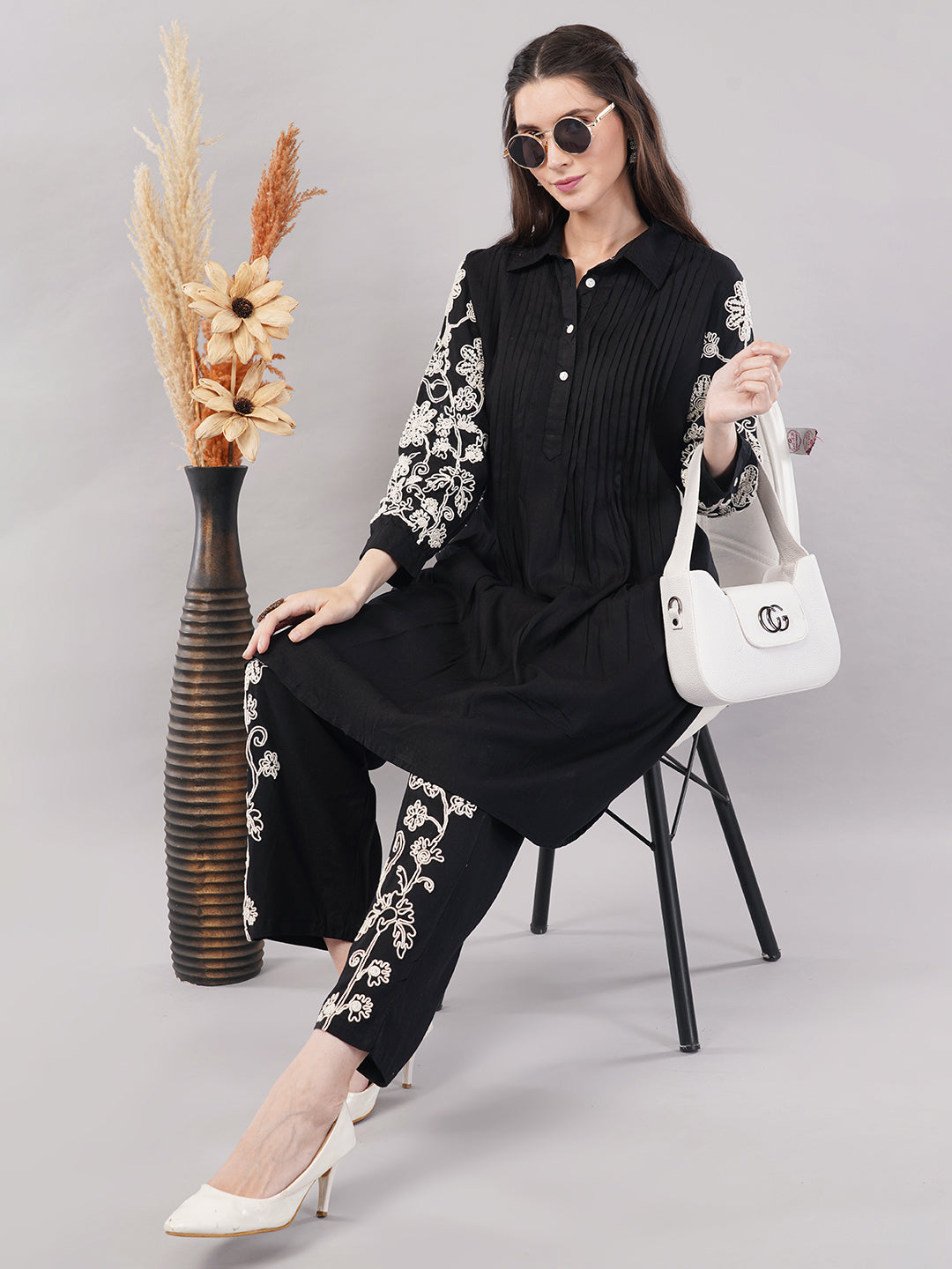 Women’s Black Embroidered A-Line Kurta Set with Pants – pure Cotton ,Full Sleeves, Collar Neck