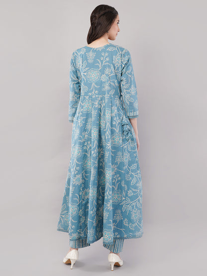 Women Teal Blue Ethnic Motifs Printed Anarkali Kurta with Striped Pants &amp; Dupatta