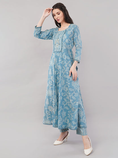 Women Teal Blue Ethnic Motifs Printed Anarkali Kurta with Striped Pants &amp; Dupatta