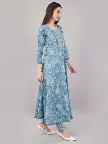 Women Teal Blue Ethnic Motifs Printed Anarkali Kurta with Striped Pants &amp; Dupatta