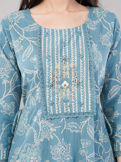Women Teal Blue Ethnic Motifs Printed Anarkali Kurta with Striped Pants &amp; Dupatta