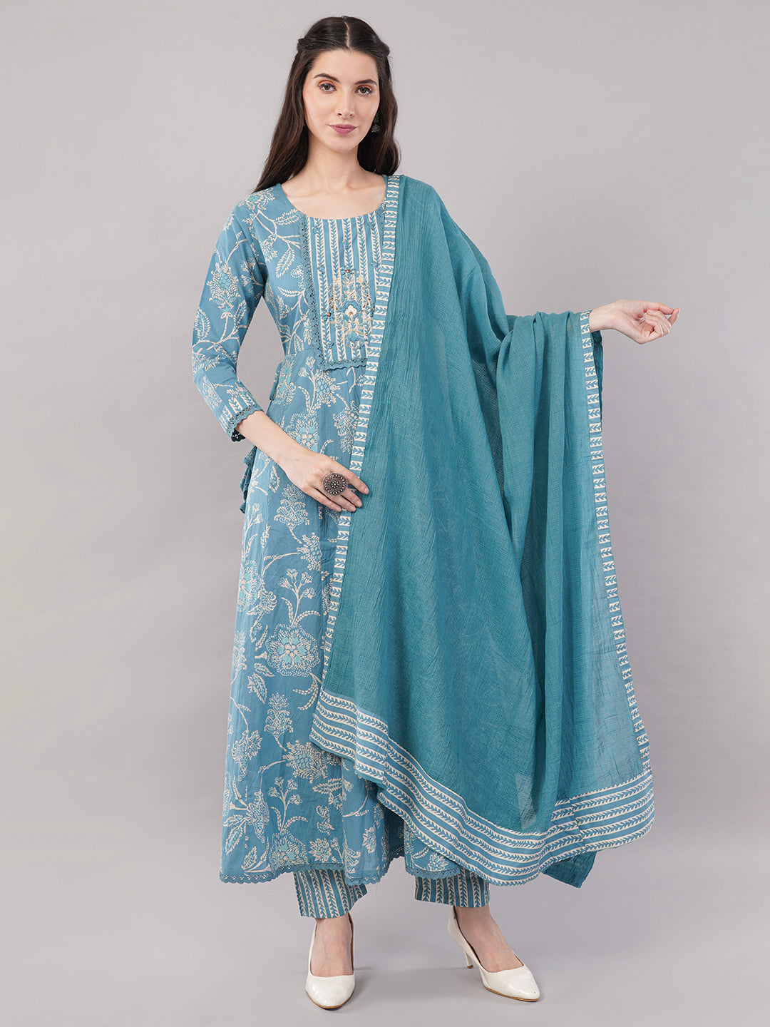 Women Teal Blue Ethnic Motifs Printed Anarkali Kurta with Striped Pants &amp; Dupatta
