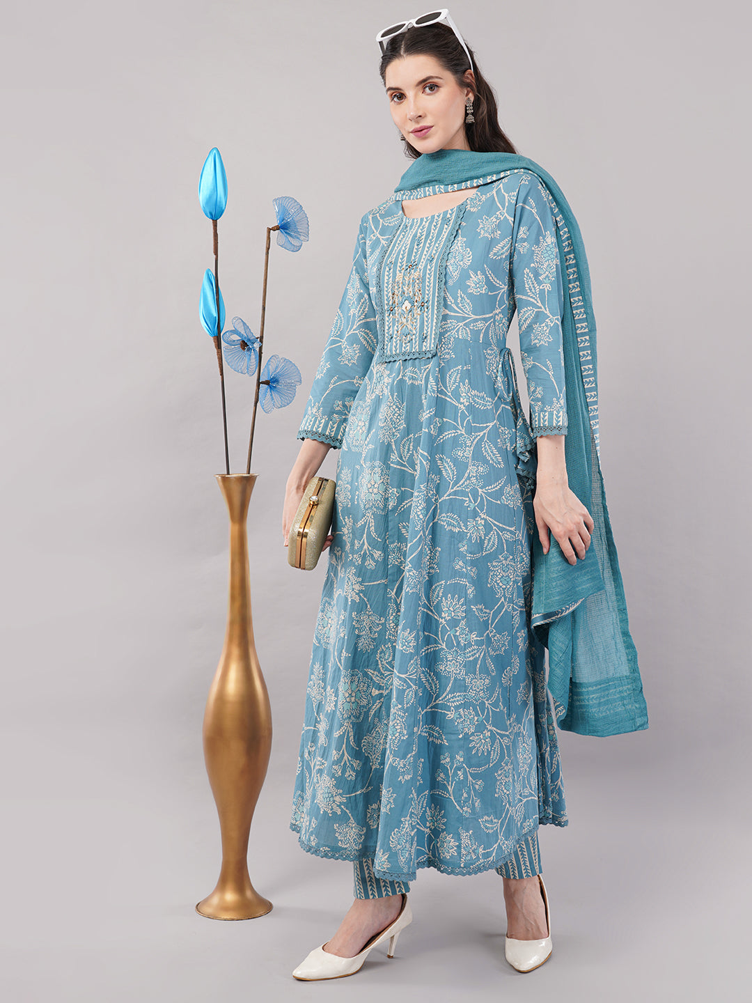 Women Teal Blue Ethnic Motifs Printed Anarkali Kurta with Striped Pants &amp; Dupatta