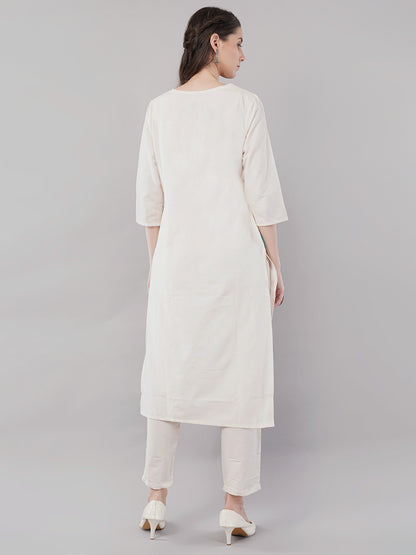 Off-white with  turquoise blue embroideryStraight-cut kurta adorned with intricate floral embroidery with pant and dupatta