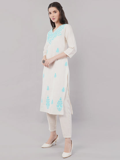 Off-white with  turquoise blue embroideryStraight-cut kurta adorned with intricate floral embroidery with pant and dupatta