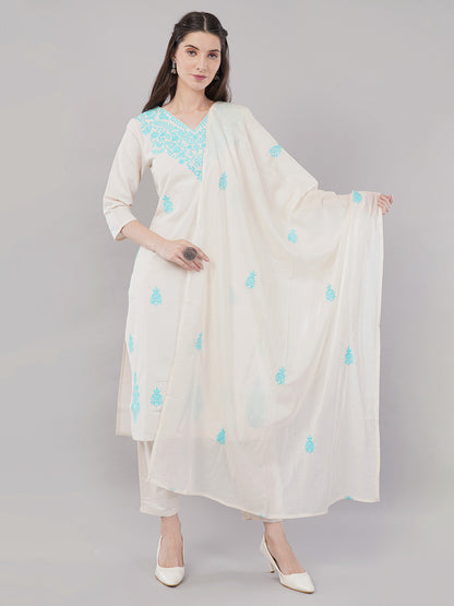 Off-white with  turquoise blue embroideryStraight-cut kurta adorned with intricate floral embroidery with pant and dupatta