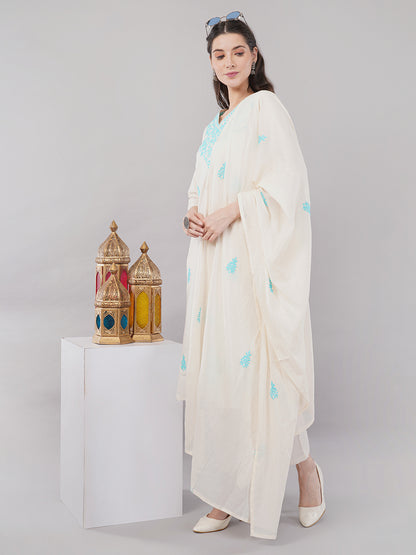 Off-white with  turquoise blue embroideryStraight-cut kurta adorned with intricate floral embroidery with pant and dupatta