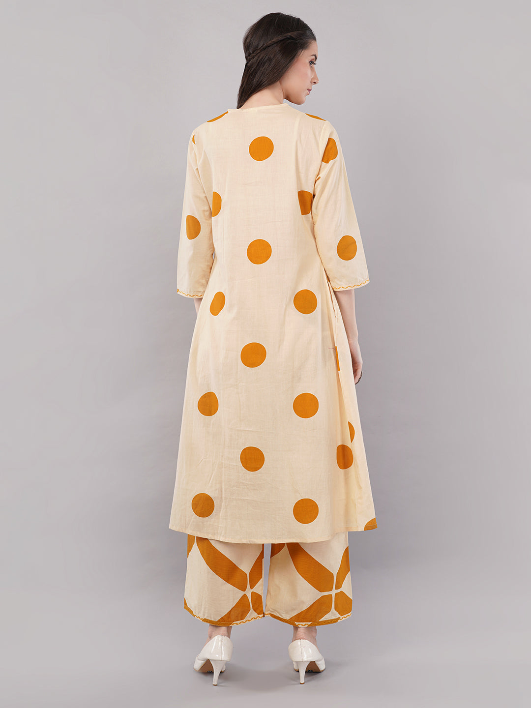 Beige &amp; Mustard Polka Printed A-Line Kurta Set with Wide-Leg Pants