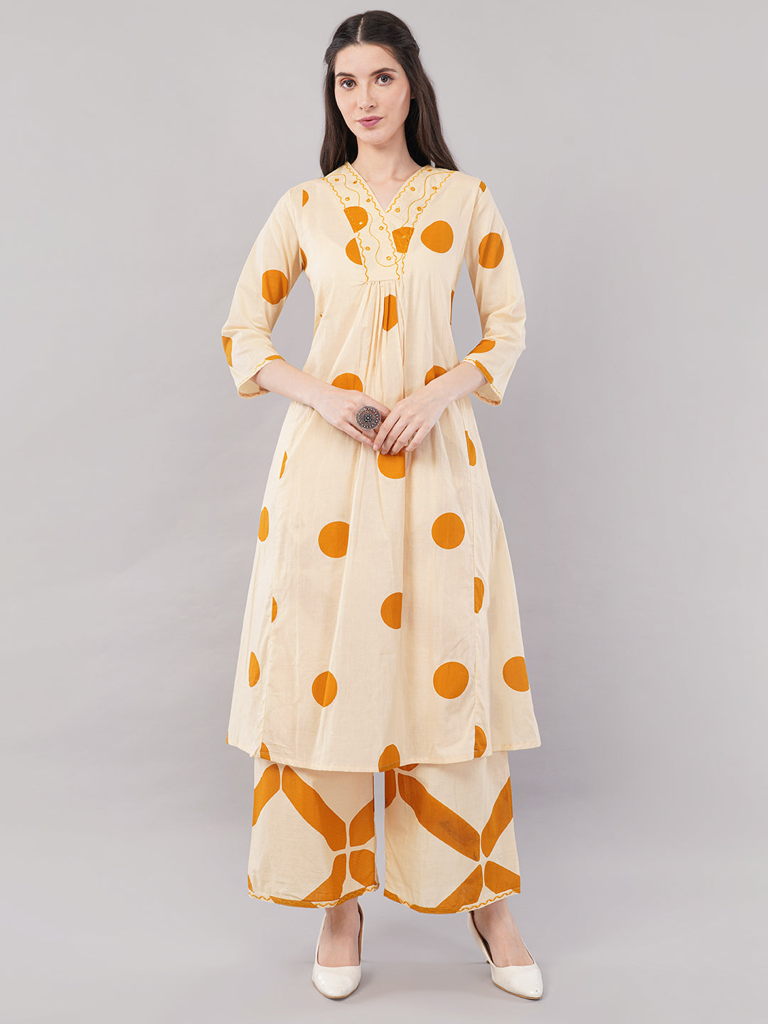 Beige &amp; Mustard Polka Printed A-Line Kurta Set with Wide-Leg Pants