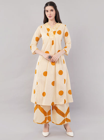 Beige &amp; Mustard Polka Printed A-Line Kurta Set with Wide-Leg Pants