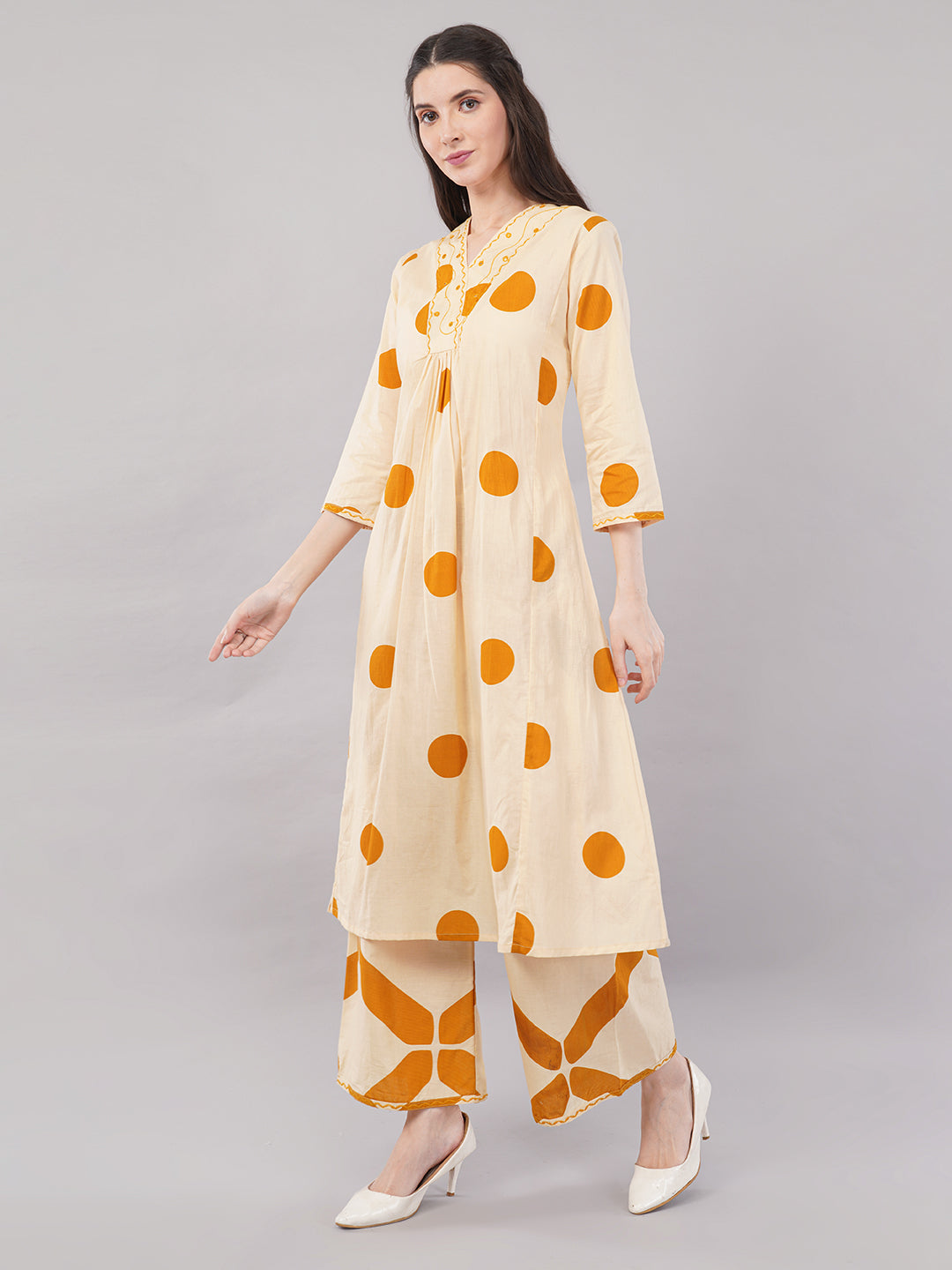 Beige &amp; Mustard Polka Printed A-Line Kurta Set with Wide-Leg Pants