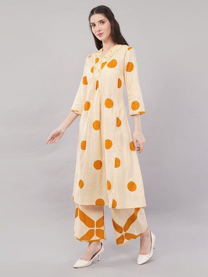 Beige &amp; Mustard Polka Printed A-Line Kurta Set with Wide-Leg Pants