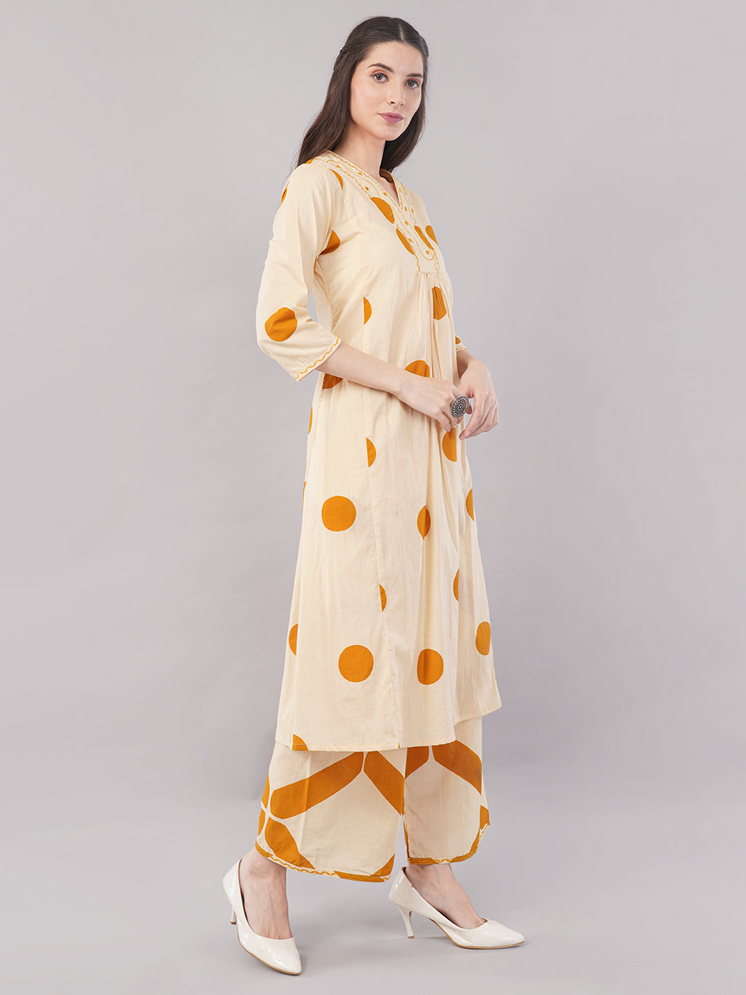 Beige &amp; Mustard Polka Printed A-Line Kurta Set with Wide-Leg Pants
