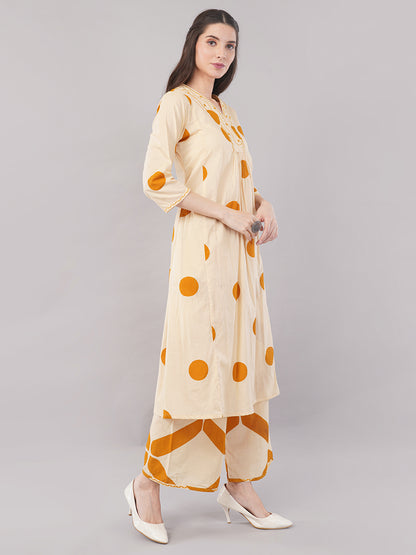 Beige &amp; Mustard Polka Printed A-Line Kurta Set with Wide-Leg Pants