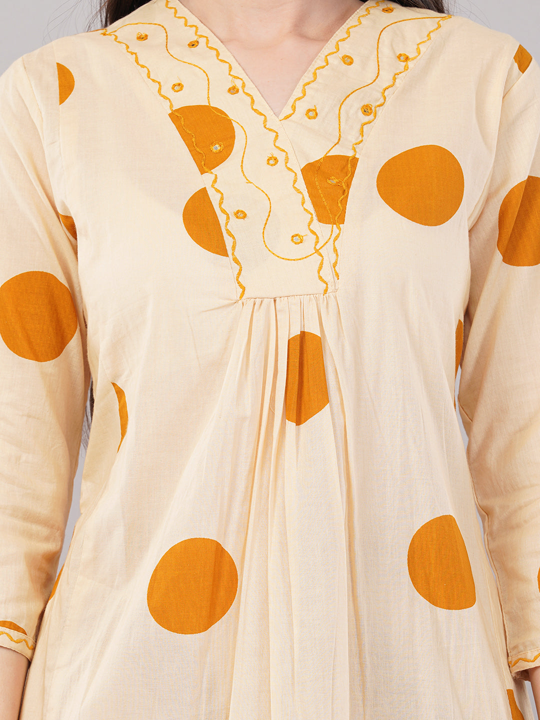 Beige &amp; Mustard Polka Printed A-Line Kurta Set with Wide-Leg Pants