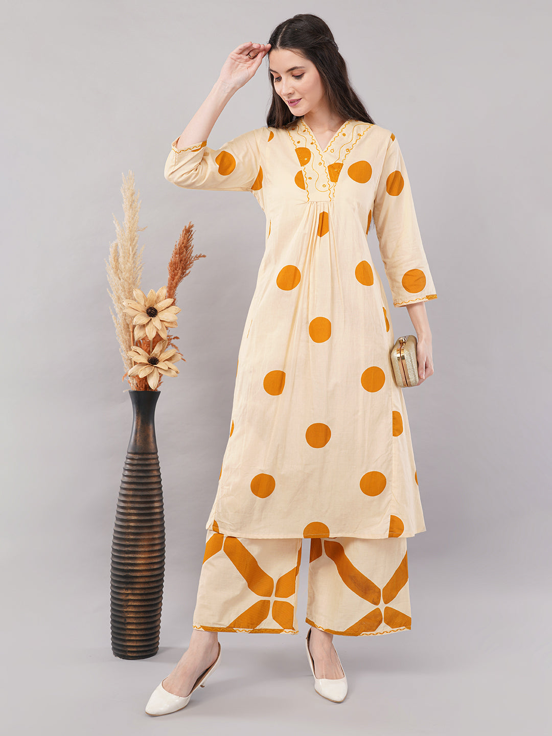 Beige &amp; Mustard Polka Printed A-Line Kurta Set with Wide-Leg Pants