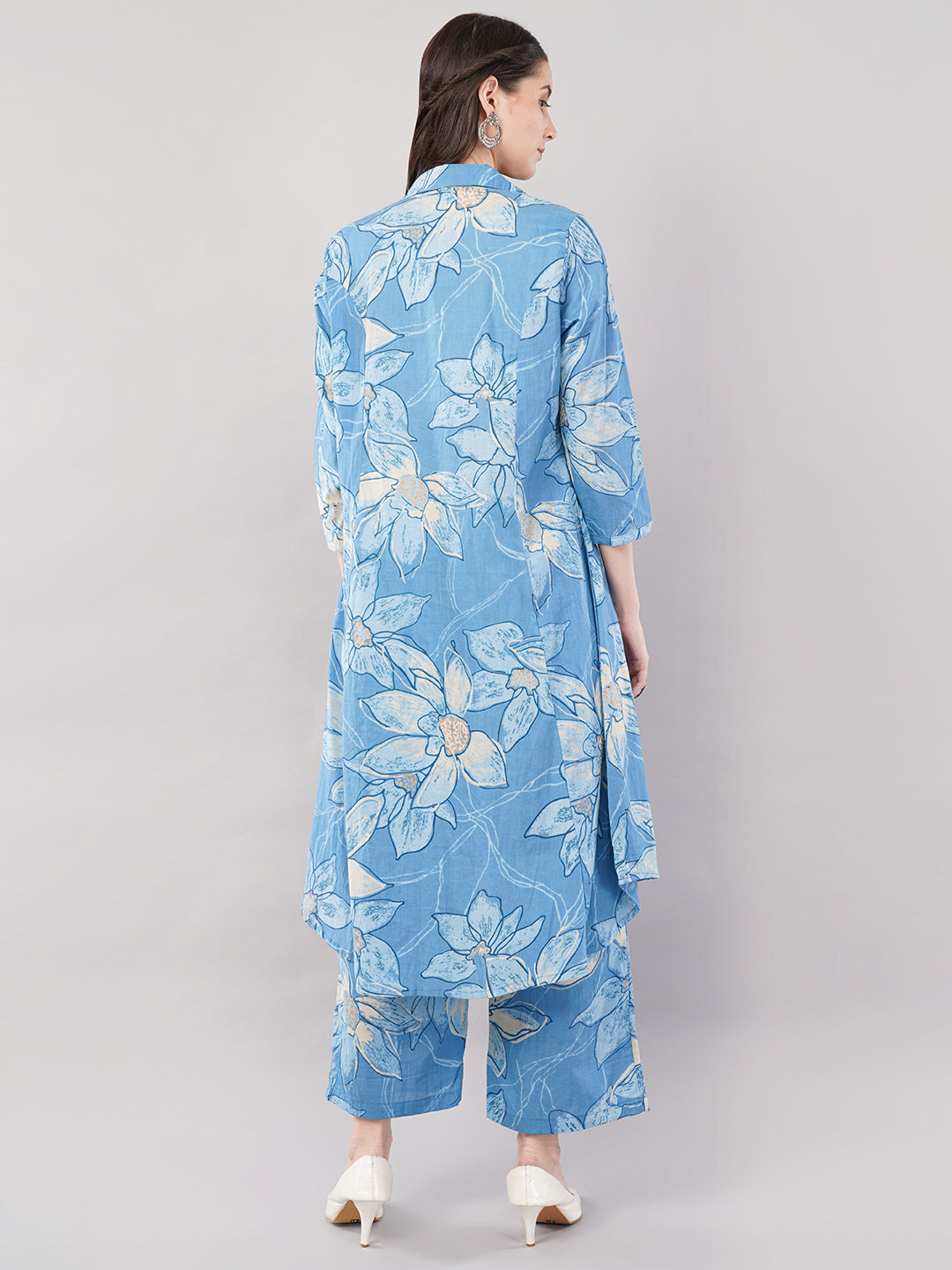 Blue Floral Printed Shirt-Style Kurta Set with Palazzos