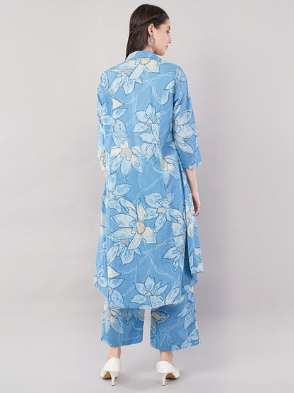 Blue Floral Printed Shirt-Style Kurta Set with Palazzos