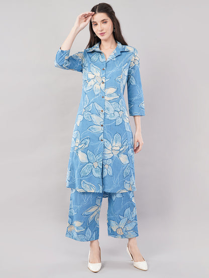 Blue Floral Printed Shirt-Style Kurta Set with Palazzos