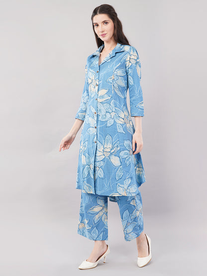 Blue Floral Printed Shirt-Style Kurta Set with Palazzos
