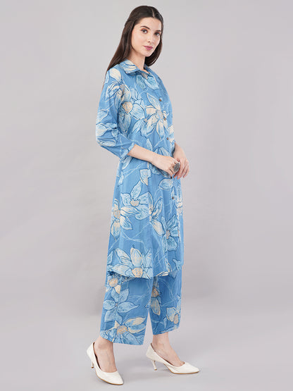 Blue Floral Printed Shirt-Style Kurta Set with Palazzos