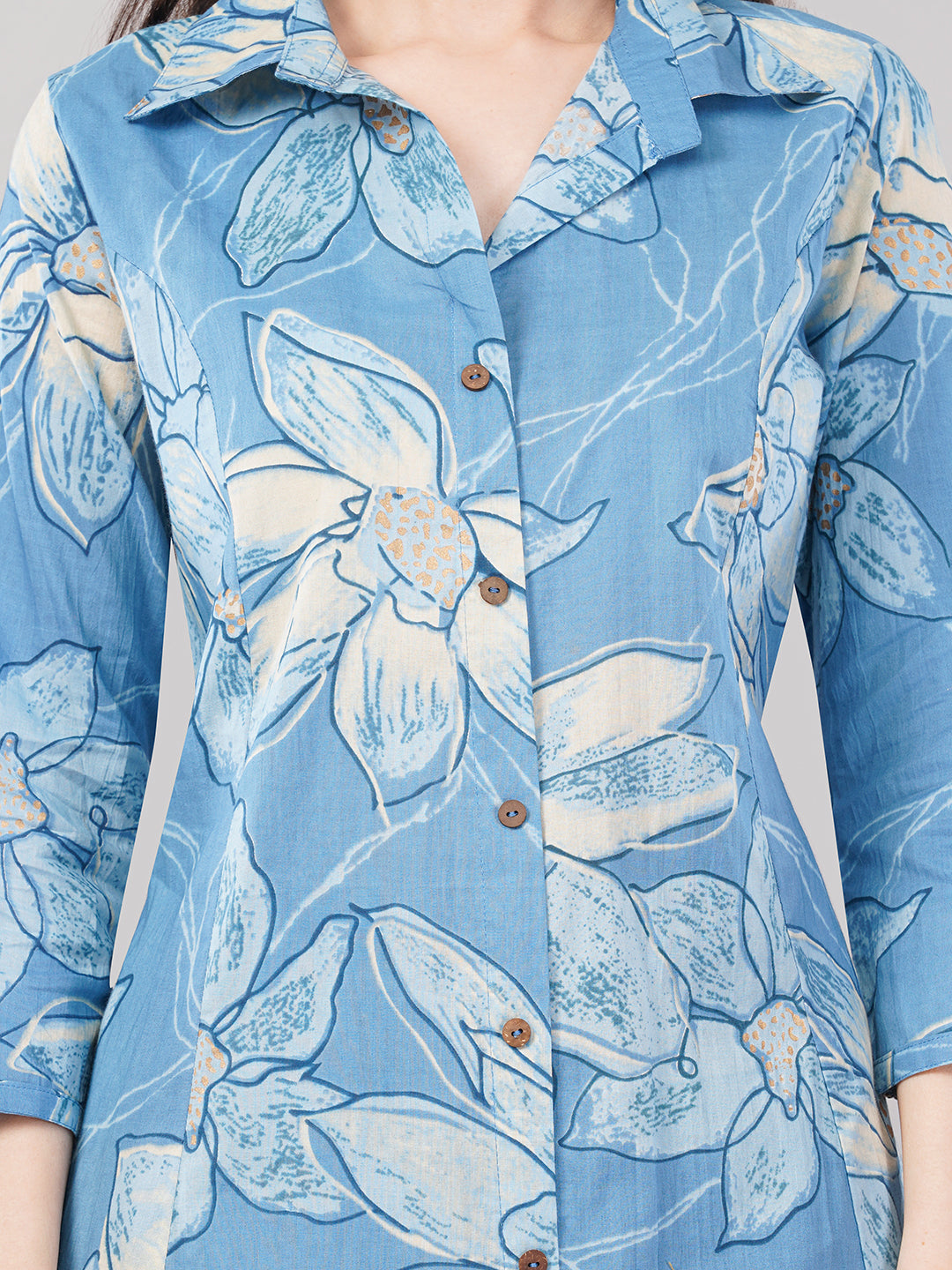 Blue Floral Printed Shirt-Style Kurta Set with Palazzos