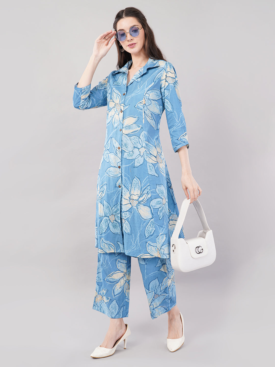 Blue Floral Printed Shirt-Style Kurta Set with Palazzos