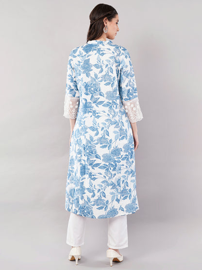 Blue &amp; White Floral Printed Straight Kurta with Lace Detailing