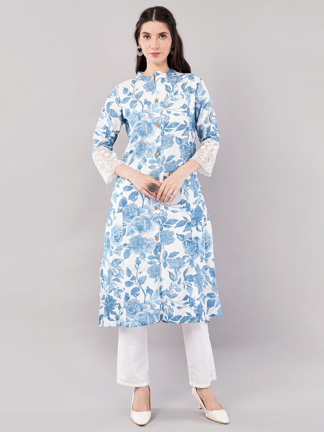 Blue &amp; White Floral Printed Straight Kurta with Lace Detailing