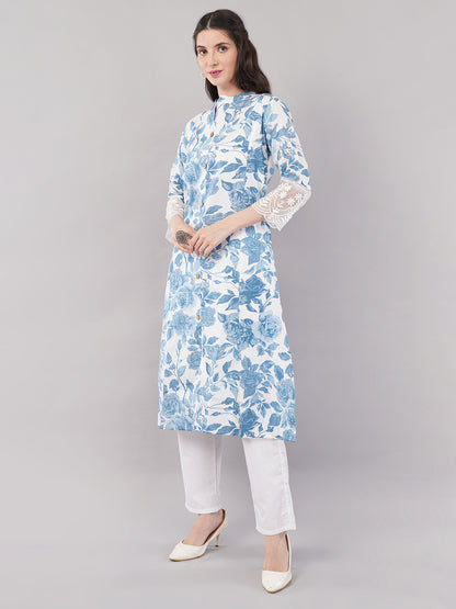 Blue &amp; White Floral Printed Straight Kurta with Lace Detailing